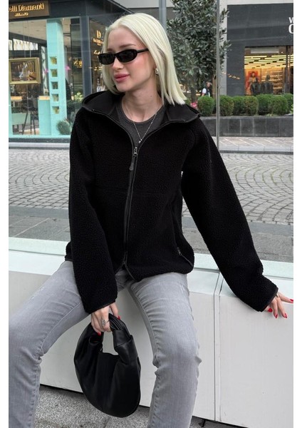Siyah Fermuarlı Kapüşonlu Polar Kadın Ceket MG2569 indirimleri