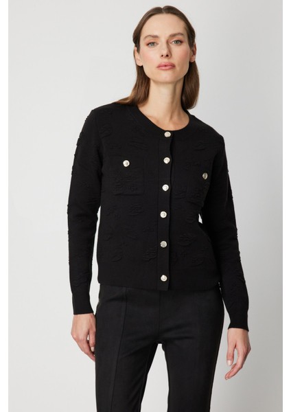 Kadın Kabartmalı Sıfır Yaka Hırka 66938 Siyah