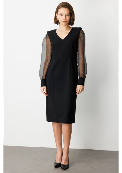 Kadın Kolları Taşlı V Yaka Midi Elbise 4025 Siyah