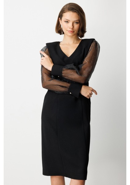 Kadın Kolları Taşlı V Yaka Midi Elbise 4025 Siyah fiyatları