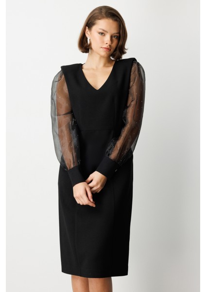 Kadın Kolları Taşlı V Yaka Midi Elbise 4025 Siyah modelleri