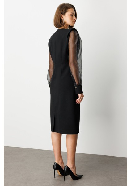 Kadın Kolları Taşlı V Yaka Midi Elbise 4025 Siyah fırsatları