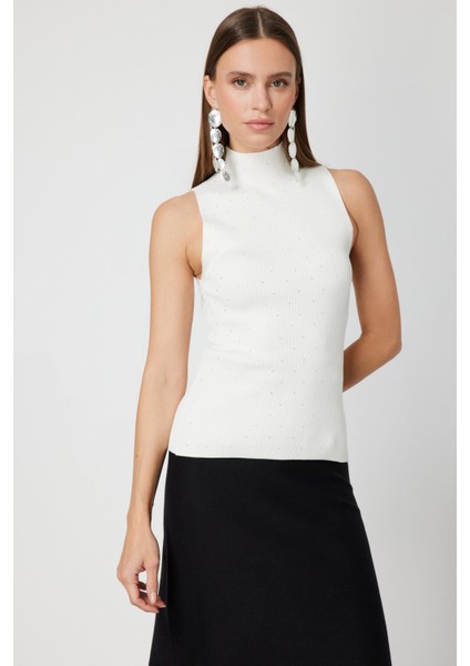 Kadın Taşlı Kolsuz Triko Bluz 66375 Krem