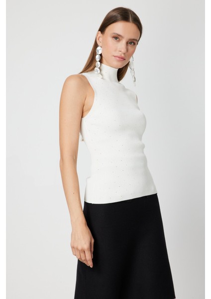 Kadın Taşlı Kolsuz Triko Bluz 66375 Krem fiyatları