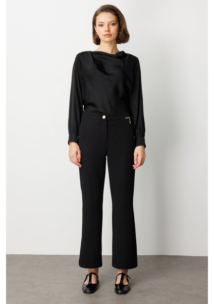 Kadın Zincir Aksesuarlı Bol Paça Pantolon 1021 Siyah