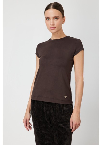 Kadın Sıfır Yaka Ay Kol Basic Bluz 61302 Kahverengi