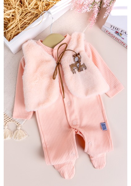 Peluş Yelekli Pamuklu Ikili Kız Bebek Tulum Set