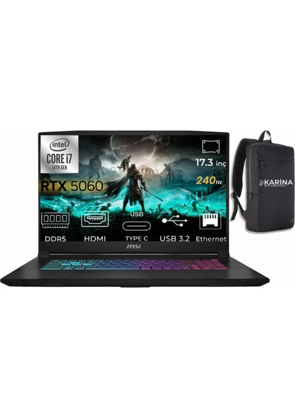 Msı Katana 17 Hx I7-14650HX B14WFK-248XTR-K34 96GB 4tb RTX5060 8gb W11PRO 17.3" Qhd Gaming Laptop & B14WFK248XTRK34