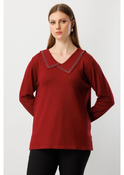 Kadın Büyük Beden Yakası Taşlı Triko Kazak 65395 Bordo