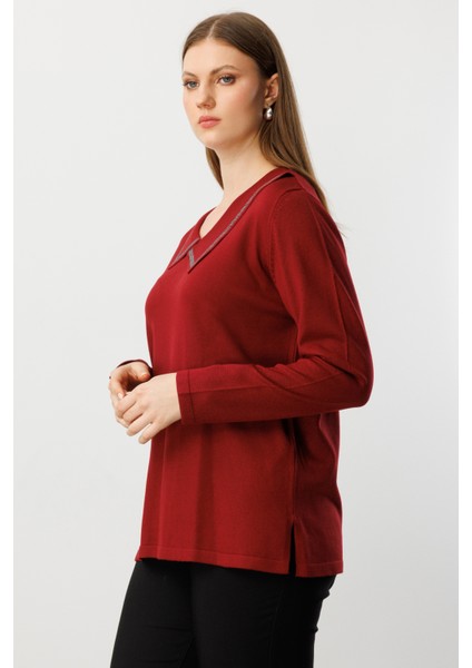 Kadın Büyük Beden Yakası Taşlı Triko Kazak 65395 Bordo fiyatları