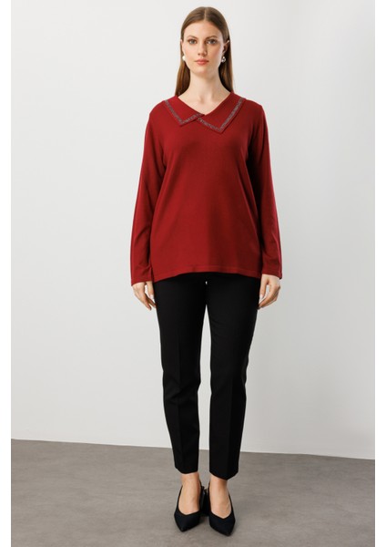 Kadın Büyük Beden Yakası Taşlı Triko Kazak 65395 Bordo modelleri