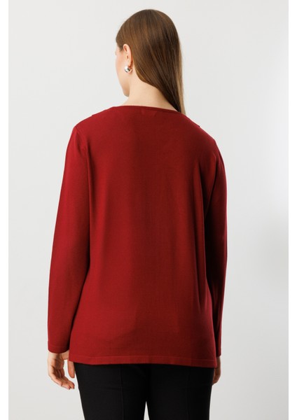 Kadın Büyük Beden Yakası Taşlı Triko Kazak 65395 Bordo fırsatları