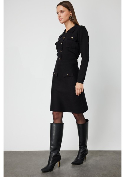 Kadın Cep Detaylı Diz Üstü Triko Etek 69508 Siyah