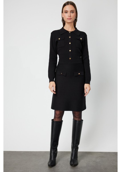 Kadın Cep Detaylı Diz Üstü Triko Etek 69508 Siyah fiyatları