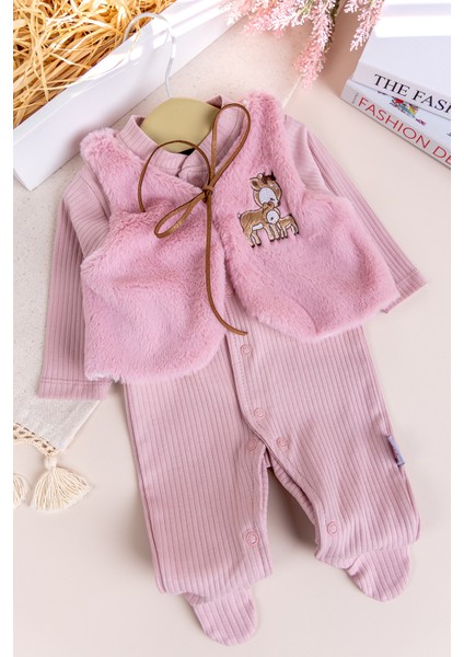 Peluş Yelekli Pamuklu Ikili Kız Bebek Tulum Set