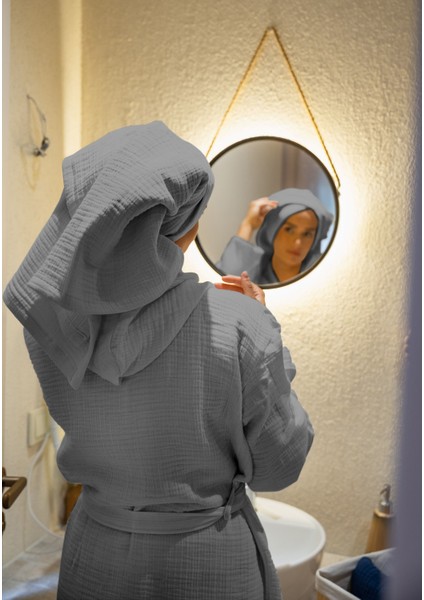 % 100 Pamuk 4 Kat Müslin Ünisex Kapşonlu Bornoz Koyu Gri S/m