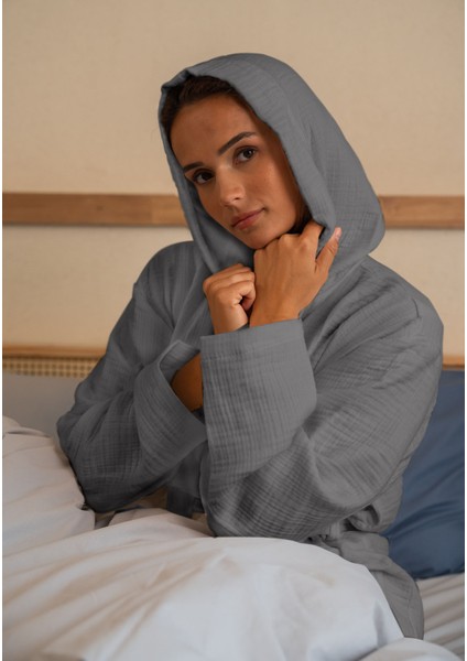 % 100 Pamuk 4 Kat Müslin Ünisex Kapşonlu Bornoz Koyu Gri S/m fiyatları
