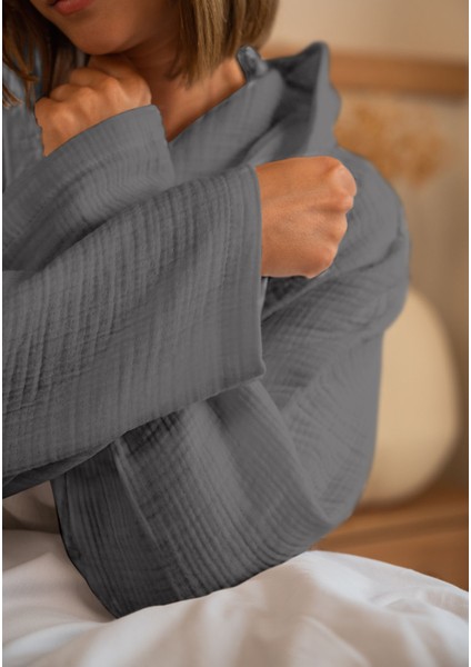 % 100 Pamuk 4 Kat Müslin Ünisex Kapşonlu Bornoz Koyu Gri S/m modelleri