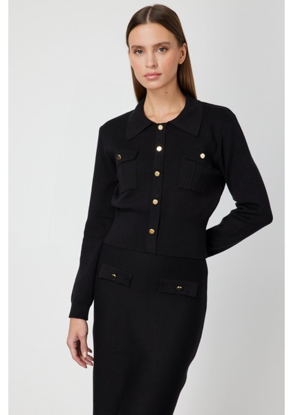 Kadın Süs Düğmeli Kapak Cepli Triko Kazak 69507 Siyah