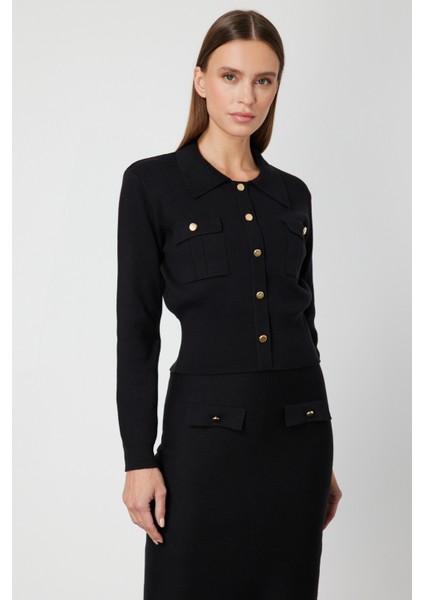 Kadın Süs Düğmeli Kapak Cepli Triko Kazak 69507 Siyah fiyatları