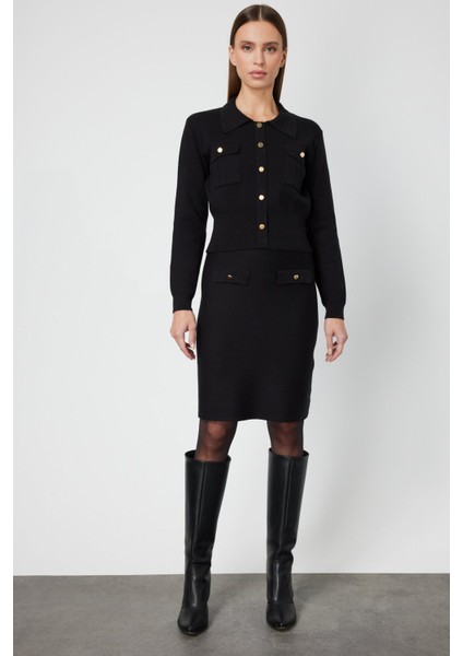 Kadın Süs Düğmeli Kapak Cepli Triko Kazak 69507 Siyah modelleri