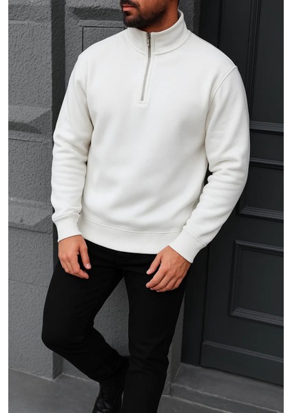 Erkek Kışlık Basic Beyaz Fermuarlı Sweatshirt