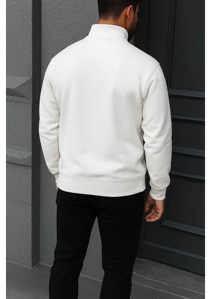 Erkek Kışlık Basic Beyaz Fermuarlı Sweatshirt indirimleri