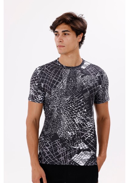 Modern Baskı Detaylı Hafif Jarse Kumaş Rahat Kalıp Bisiklet Yaka Tişört indirimleri