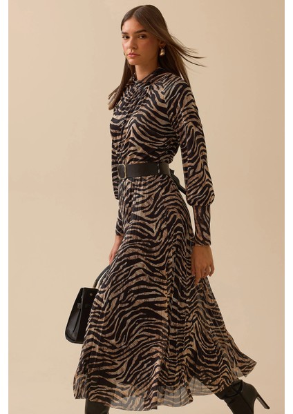 Kadın Zebra Desenli Kemerli Elbise 0016 Siyah