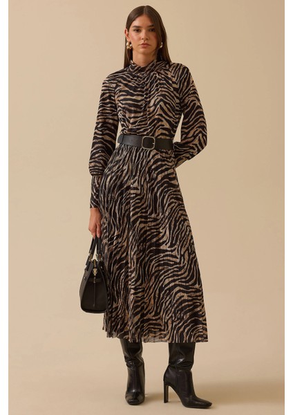 Kadın Zebra Desenli Kemerli Elbise 0016 Siyah fiyatları