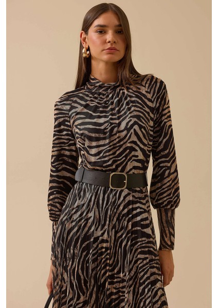 Kadın Zebra Desenli Kemerli Elbise 0016 Siyah modelleri