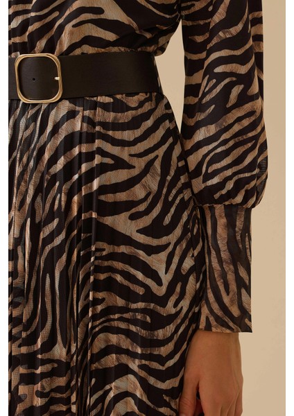 Kadın Zebra Desenli Kemerli Elbise 0016 Siyah fırsatları