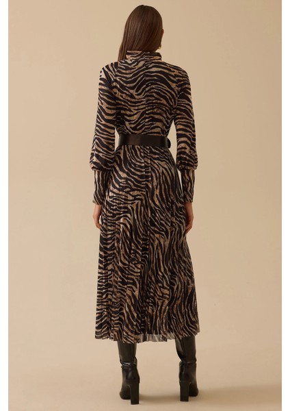 Kadın Zebra Desenli Kemerli Elbise 0016 Siyah indirimleri
