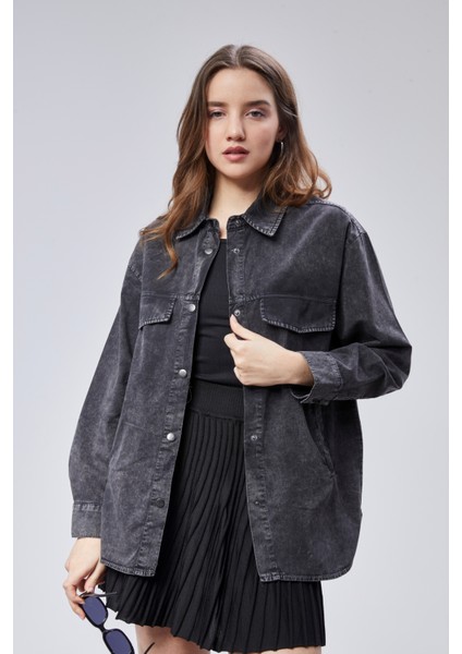 Kadın Uzun Kollu Oversize Gabardin Gömlek