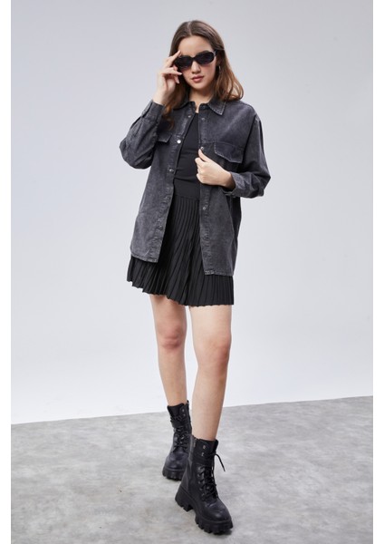 Kadın Uzun Kollu Oversize Gabardin Gömlek fırsatları