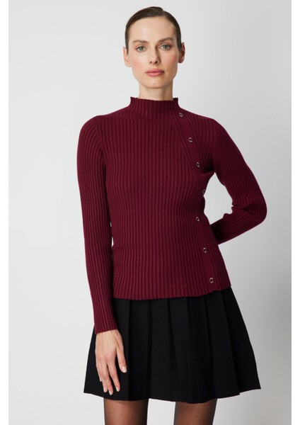 Kadın Süs Düğmeli Fitilli Triko Kazak 69312 Bordo