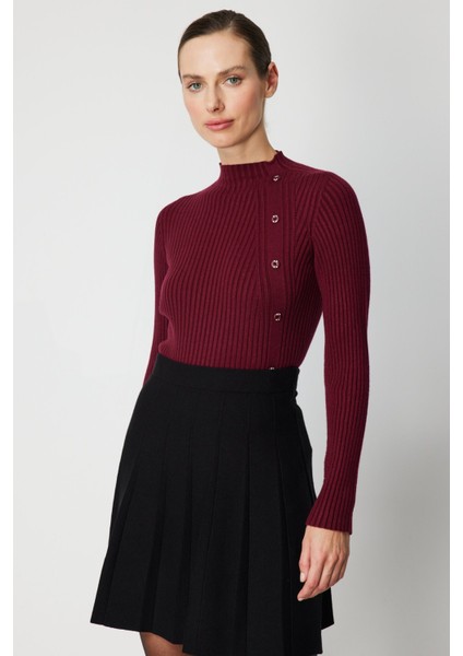 Kadın Süs Düğmeli Fitilli Triko Kazak 69312 Bordo fiyatları