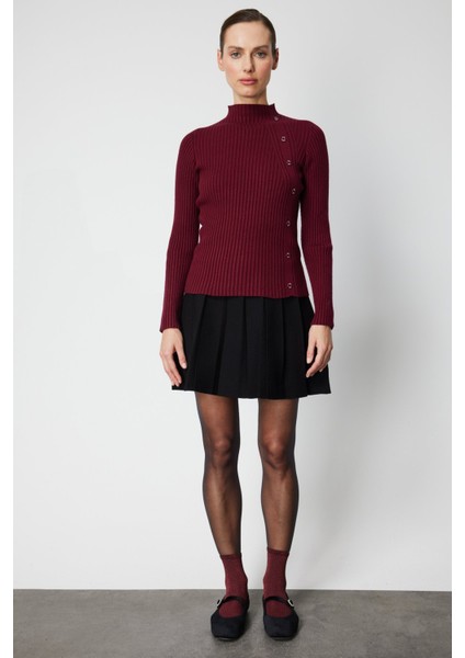 Kadın Süs Düğmeli Fitilli Triko Kazak 69312 Bordo modelleri