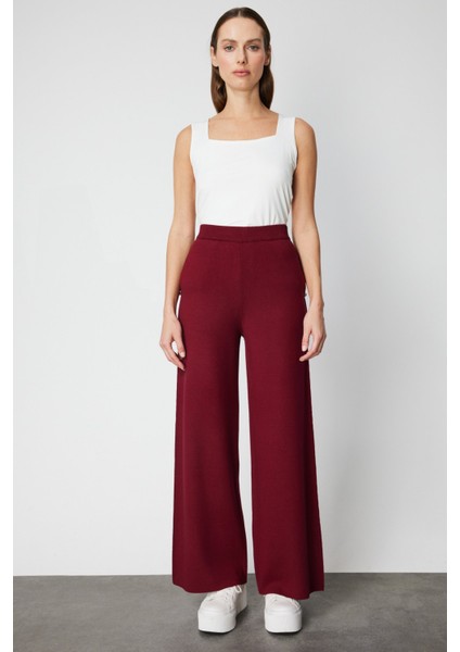 Kadın Cebi Taş Detaylı Bol Paça Triko Pantolon 63919 Bordo