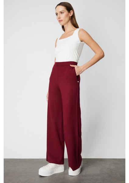 Kadın Cebi Taş Detaylı Bol Paça Triko Pantolon 63919 Bordo fiyatları