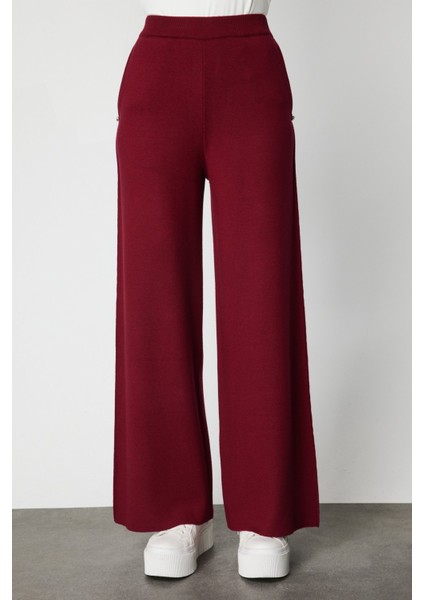 Kadın Cebi Taş Detaylı Bol Paça Triko Pantolon 63919 Bordo modelleri