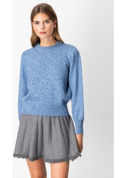 Kadın Sim Detaylı Incili Kazak 63316 Mavi