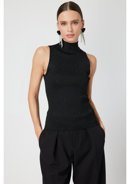 Kadın Taşlı Kolsuz Triko Bluz 66375 Siyah