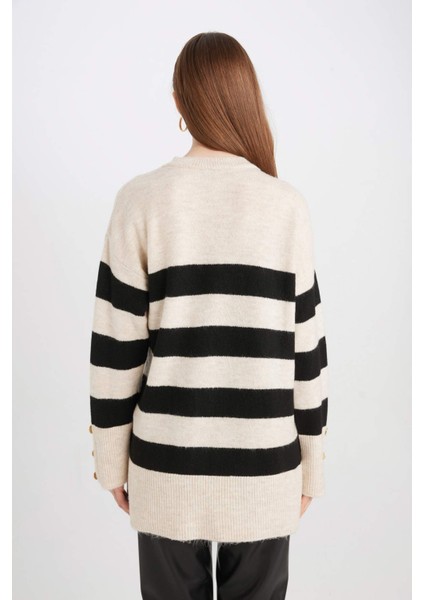 Regular Fit Bisiklet Yaka Düğmeli Çizgili Triko Kazak Tunik