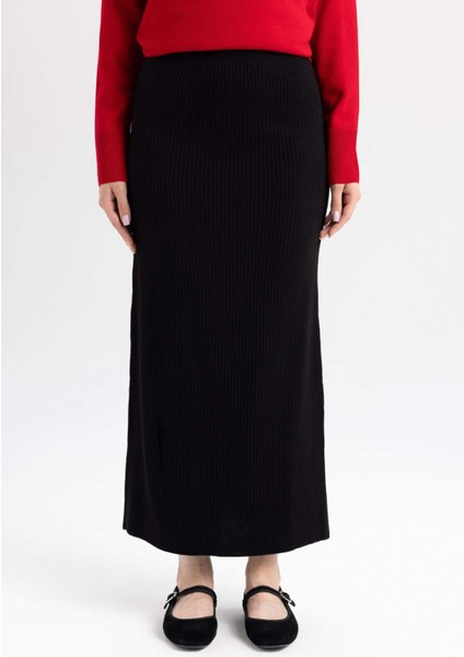 Regular Fit Beli Lastikli Basic Düz Siyah Triko Maxi Etek