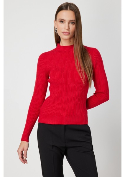 Kadın Sıfır Yaka Örgü Desenli Triko Kazak 69314 Kırmızı