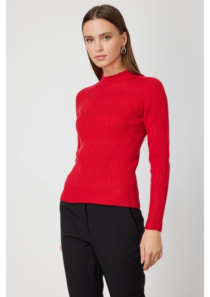Kadın Sıfır Yaka Örgü Desenli Triko Kazak 69314 Kırmızı fiyatları