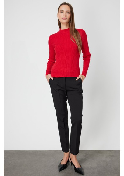 Kadın Sıfır Yaka Örgü Desenli Triko Kazak 69314 Kırmızı modelleri