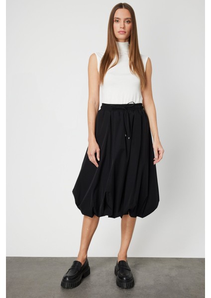 Kadın Paraşüt Kumaş Midi Balon Etek 64211 Siyah