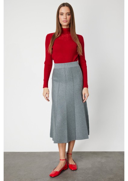 Kadın Pileli Midi Triko Etek 65210 Gri